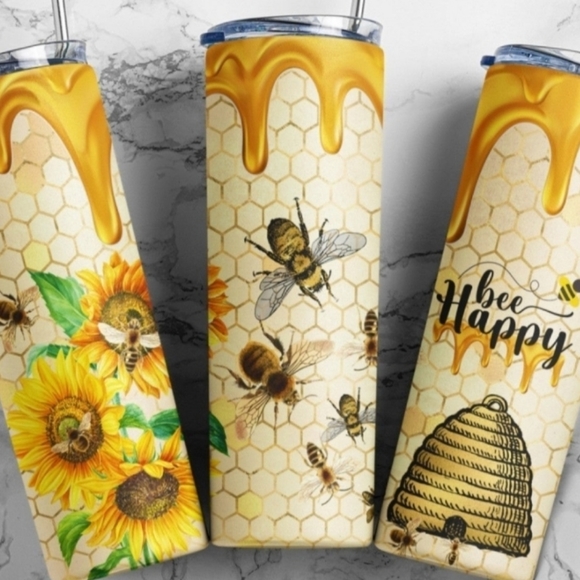 Hand Crafted Other - (1) Bee Happy Tumbler, Bee Happy Cup, Sunflower Tumbler